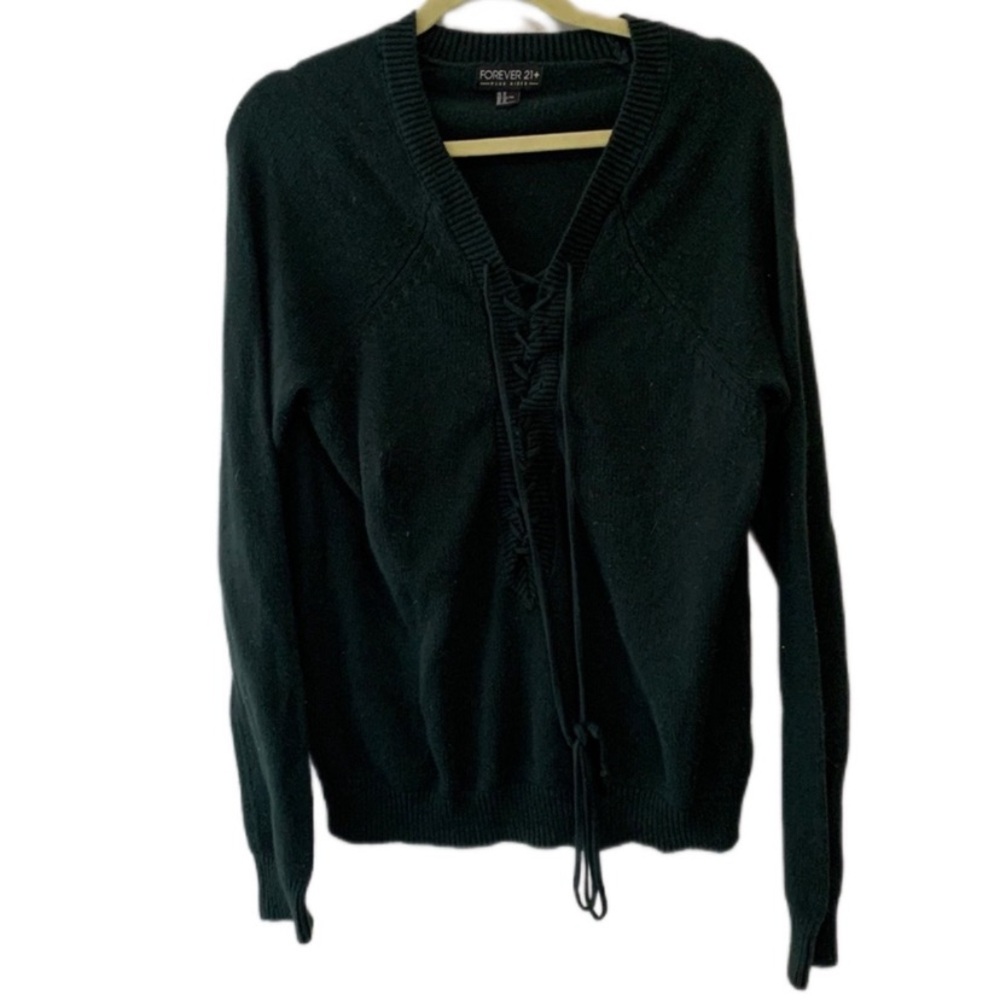 Forever 21 Dark Green V-Neck Lace-Up Sweater